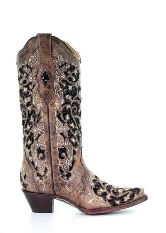 CORRAL TAN & BLACK EMBROIDERED SEQUIN INLAY WOMEN'S WESTERN BOOT-A3569