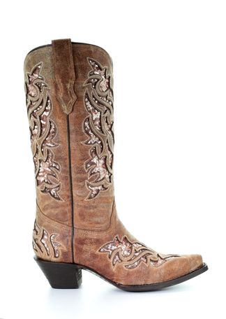 CORRAL BROWN SNIP GOLD SEQUIN INLAY WOMEN'S WESTERN BOOT-A3578
