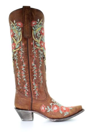 CORRAL TAN DEER SKULL & FLORAL EMBROIDERY WOMEN'S WESTERN BOOT-A3620