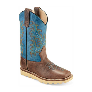 OLD WEST CACTUS BROWN/GRENADINE BLUE SQUARE TOE KID'S WESTERN BOOT-BSC1950