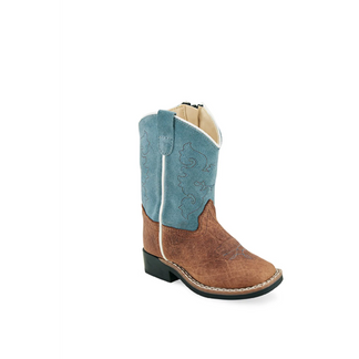 OLD WEST BROWN/TURQUOISE SQUARE TOE KID'S WESTERN BOOT-BSI1944