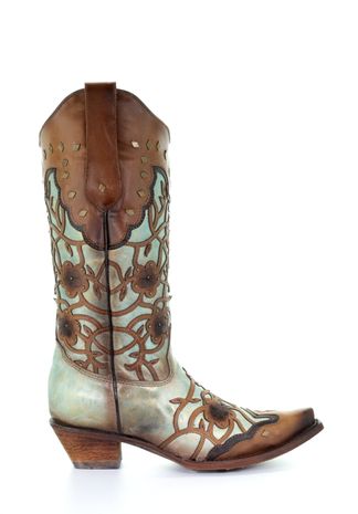 CORRAL MINT MAPLE FLOWERS OVERLAY & STUDS WOMEN'S WESTERN BOOT-C3176