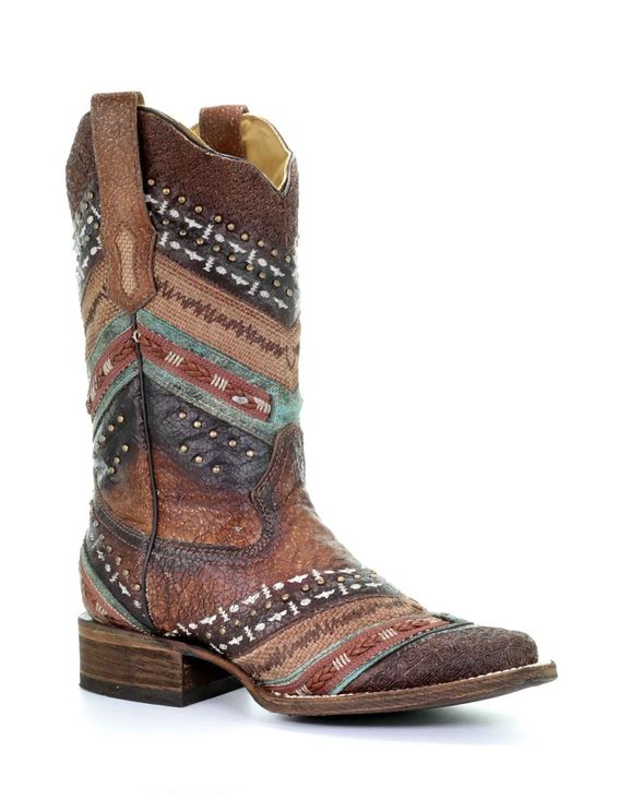 Corral Ladies Turquoise Brown Embroidered and Studs Leather Boots A3424 