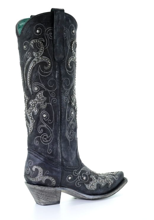 CORRAL BLACK OVERLAY EMBROIDERY STUDS & CRYSTALS WOMEN'S WESTERN BOOT ...