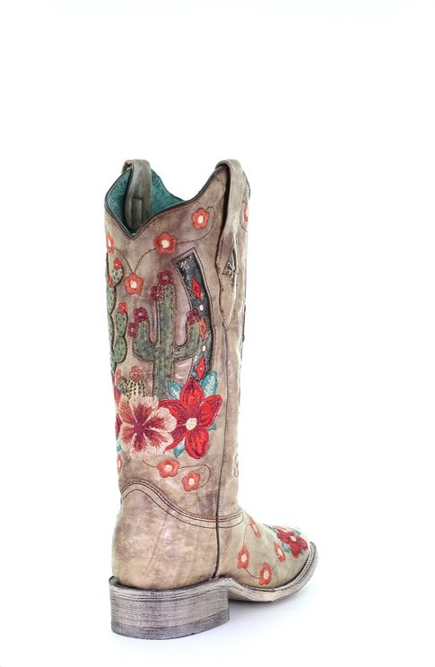 Womens Corral Taupe Cactus Overlay & Flowered Embroidery Sq Toe Boots A3769