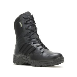A 3/4 turned Bates GX-8 Black Men's Uniform Comp Toe 8" Lace Up Boot.