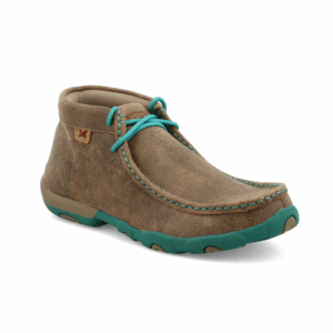 A 3/4 turned Twisted X Women's Bomber and Turquoise Chukka Driving Moc Casual Shoe.