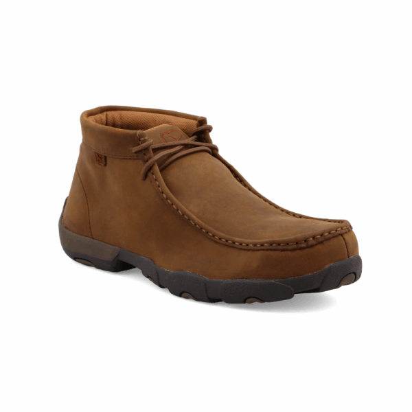 A 3/4 turned Twisted X Chukka Driving Moc Men's Work Steel Toe Shoe.