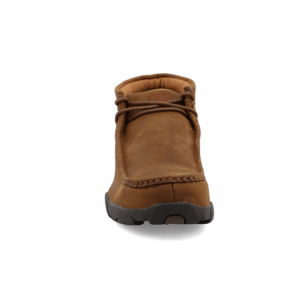 The toe shape of a Twisted X Chukka Driving Moc Men's Work Steel Toe Shoe.