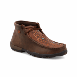 A 3/4 turned Twisted X Women's Brown and Tooled Flower Chukka Driving Moc Casual Shoe.