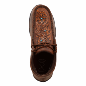 An overhead look at the Twisted X Women's Brown and Tooled Flower Chukka Driving Moc Casual Shoe.