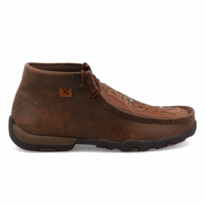 A right profile facing Twisted X Women's Brown and Tooled Flower Chukka Driving Moc Casual Shoe.