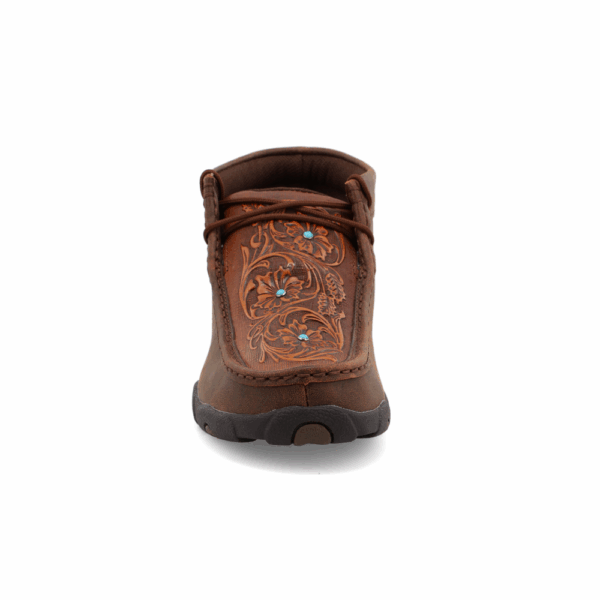 A forward-facing look at Twisted X Women's Brown and Tooled Flower Chukka Driving Moc Casual Shoe.