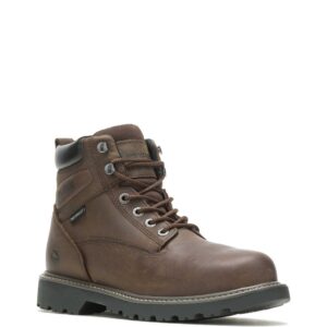 A 3/4 right turned Wolverine Men's Floorhand Waterproof Steel Toe 6" Lace Up Work Boot.