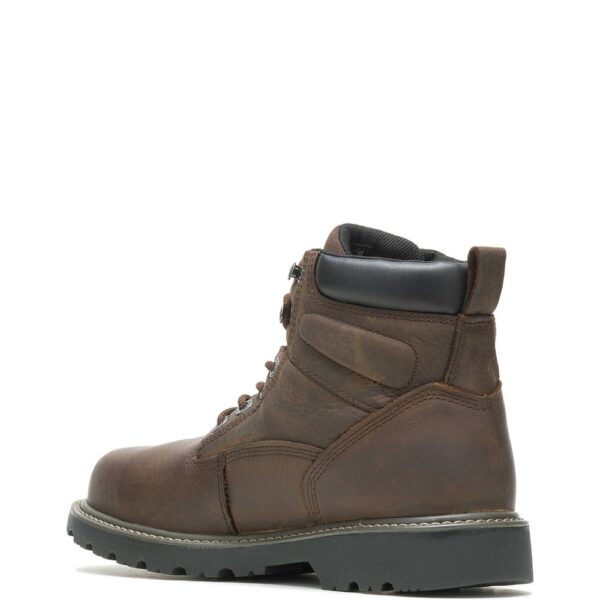A look at the back and heel of a Wolverine Men's Floorhand Waterproof Steel Toe 6" Lace Up Work Boot.