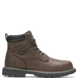 A right profile facing Wolverine Men's Floorhand Waterproof Steel Toe 6" Lace Up Work Boot.