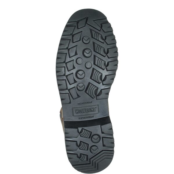 The sole of a Wolverine Men's Floorhand Waterproof Steel Toe 6" Lace Up Work Boot.