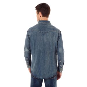 A modeled, rear facing look at the Wrangler Cowboy Cut Long Sleeve Western Denim Snap Work Shirt.