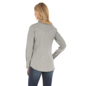 Women's Long Sleeve Western Snap W Stitching on Pocket Denim Shirt-LW3961D
