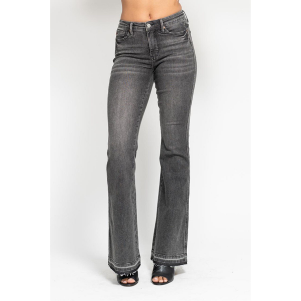 MID RISE TUMMY CONTROL WASHED GRAY RELEASE HEM FLARE JEAN