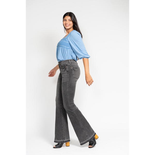 MID RISE TUMMY CONTROL WASHED GRAY RELEASE HEM FLARE JEAN - Image 5