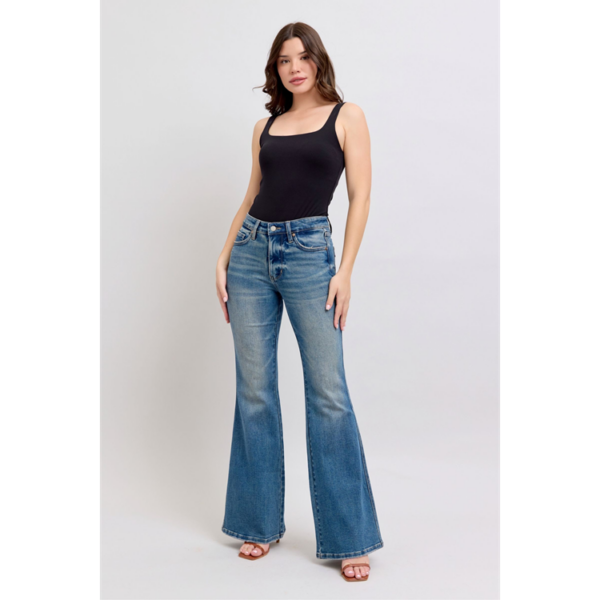 MID RISE TUMMY CONTROL VINTAGE WASH & BACK SHIELD POCKETS FLARE JEAN - Image 5
