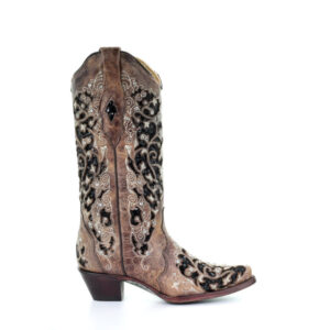 Black Glitter Inlay Floral Overlay with Crystals and Studs Cowgirl