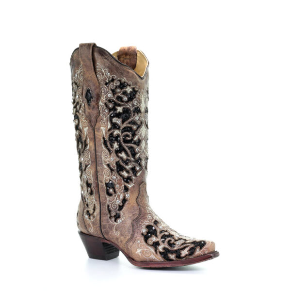 Black Glitter Inlay Floral Overlay with Crystals and Studs Cowgirl - Image 2