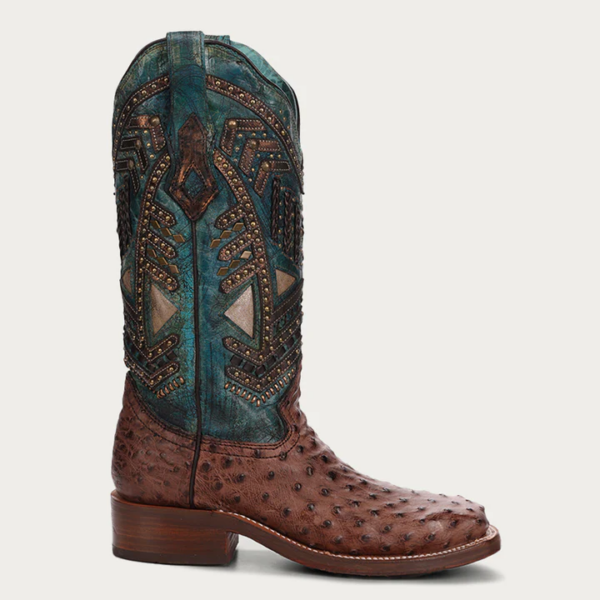 Turquoise Stitching Studded with Woven Detail Ostrich Rodeo Cowgirl