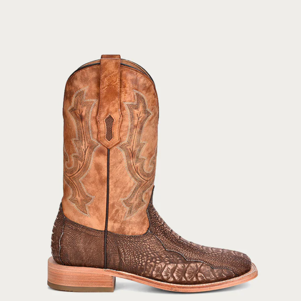 Brown Ostrich Leg Vamp and Sand Wide Square Cowboy