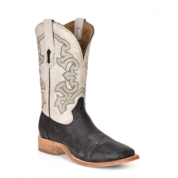Distressed Black and White Embroidered Wide Square Cowboy