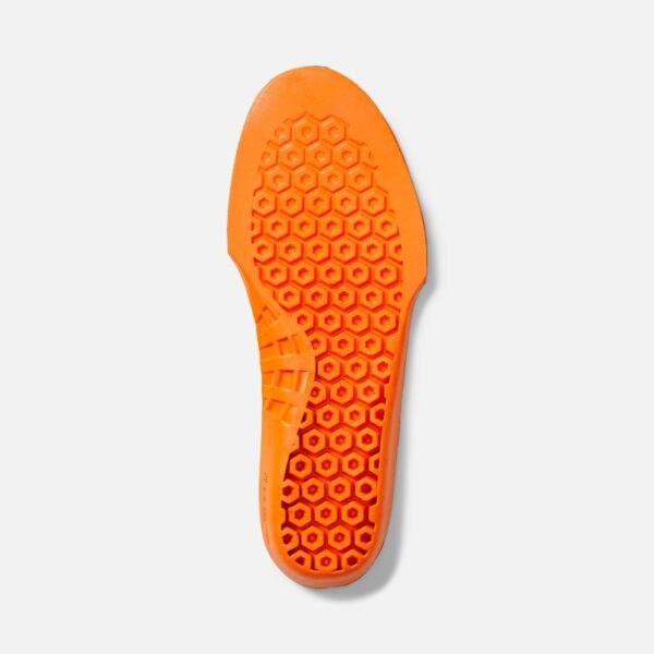 Overhead shot of the underside of a single left foot Timberland Anti-Fatigue Technology Footbed Insole in orange with a blank background.