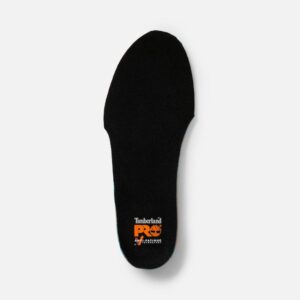Overhead shot of the topside of a single left foot Timberland Anti-Fatigue Technology Footbed Insole in black with a blank background.