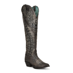 Black Overlay with Embroidery and Crystals Tall Top Pointed Cowgirl