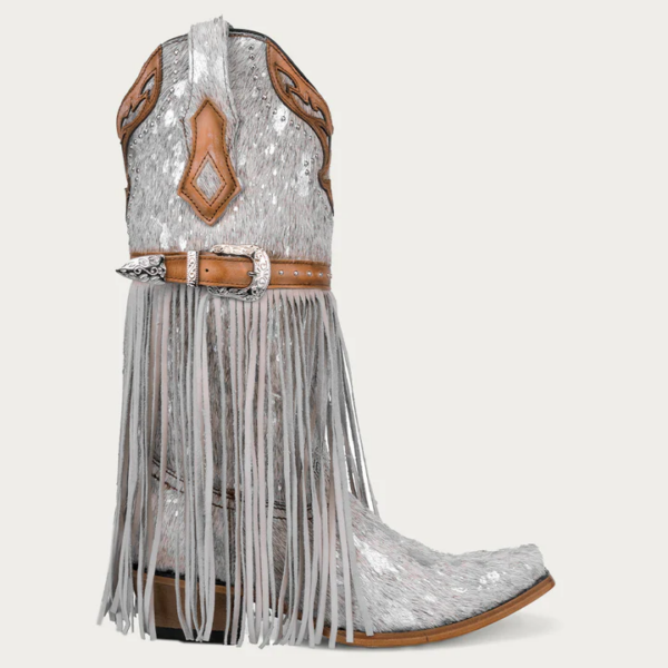 White Fur with Lamb Fringe Harness and Studs Snip Cowgirl