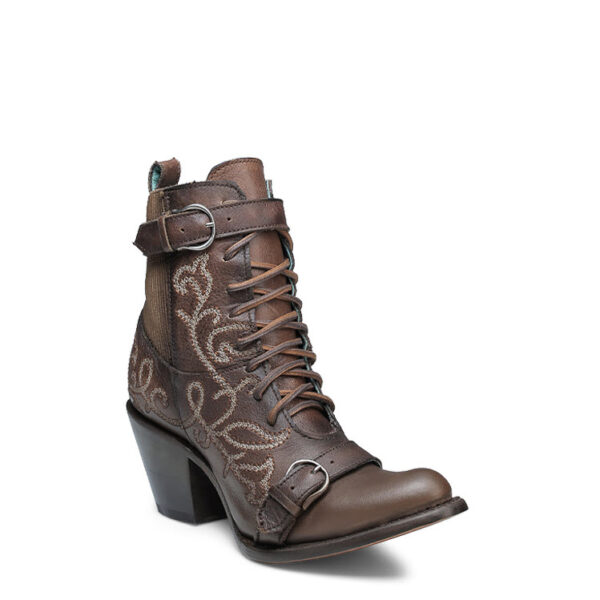 Brown Embroidery and Harness Lace Up Ankle Round Cowgirl