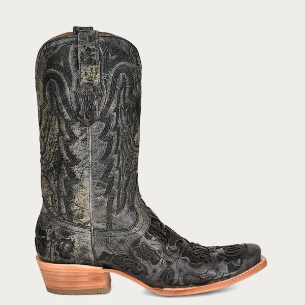 Black Alligator Inlay with Embroidery Narrow Square Cowboy