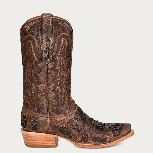 Chocolate Alligator Inlay with Embroidery Narrow Square Cowboy