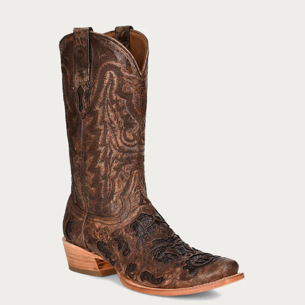 Chocolate Alligator Inlay with Embroidery Narrow Square Cowboy - Image 2