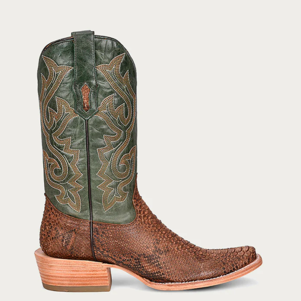 Genuine Brown Python Vamp with Stitching Narrow Square Green Cowboy