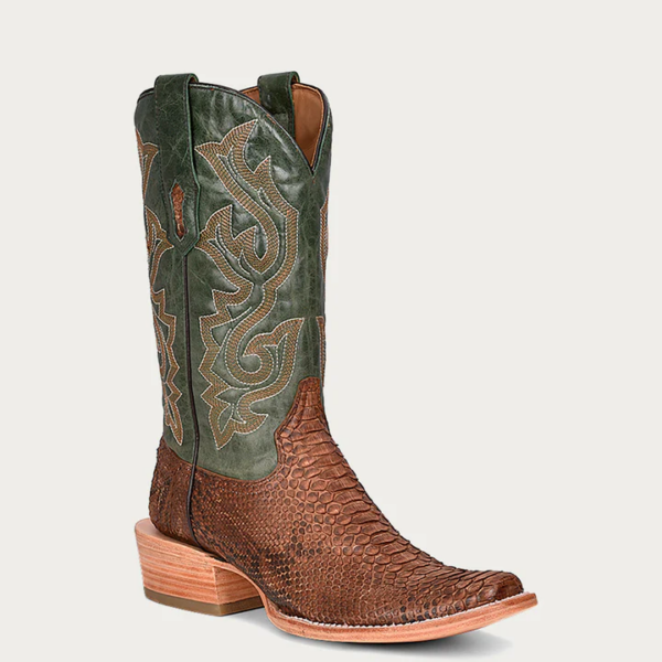 Genuine Brown Python Vamp with Stitching Narrow Square Green Cowboy - Image 2