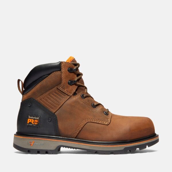 Right profile facing Timberland Ballast composite toe men's 6-inch work boot in brown with blank background.