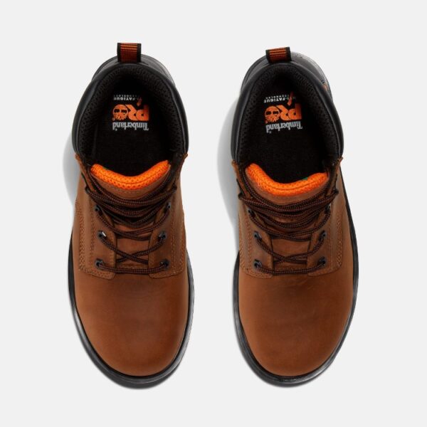 Overhead look at a pair of Timberland Ballast steel toe 6-inch men's work boots in brown on a blank background.