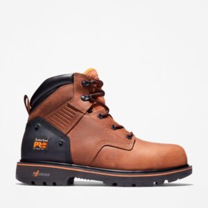 Right profile facing Timberland Ballast steel toe men's 6-inch work boot in brown with blank background.