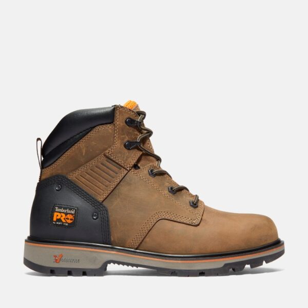 Right profile facing Timberland Ballast soft toe men's 6-inch work boot in tan with blank background.