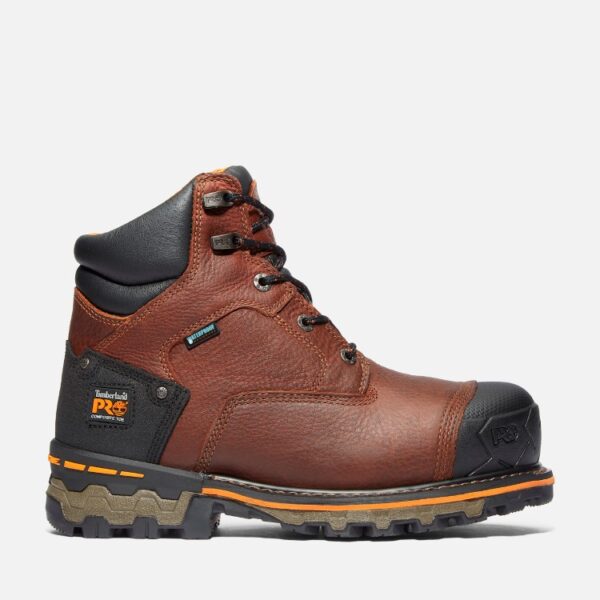 Right profile facing Timberland Boondock composite toe waterproof insulated 6-inch men's work boot in brown with blank background.