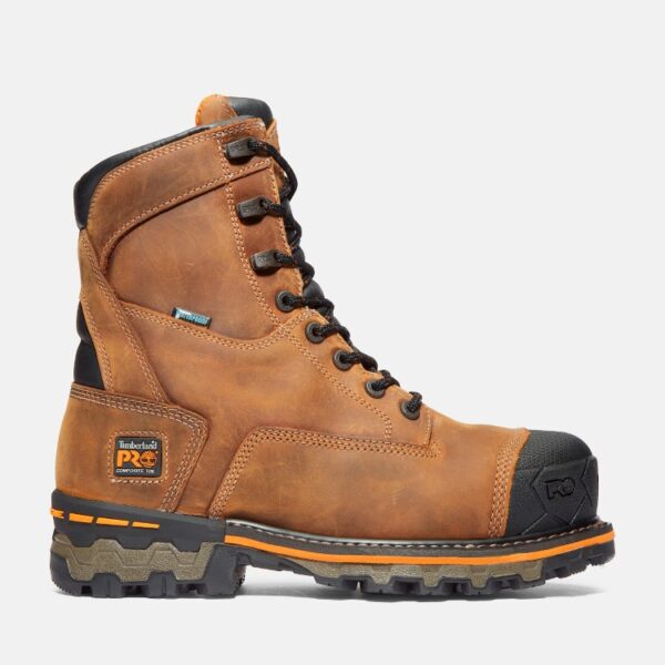 Right profile facing Timberland Boondock composite toe waterproof 8-inch men's work boot in tan with blank background.