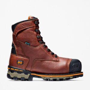 Right profile facing Timberland Boondock composite toe waterproof 8-inch men's work boot in brown with a protective toe cap and blank background.