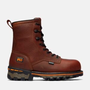 Right profile facing Timberland Boondock waterproof composite toe 8-inch men's work boot in brown with a blank background.