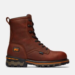 Right profile facing Timberland Boondock waterproof soft toe 8-inch men's work boot in brown with a blank background.